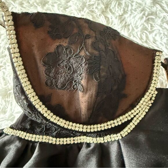 NWT Self-Portrait Black Taffeta Diamante Mini Dress with Lace Trim Size 10 - Picture 9 of 15